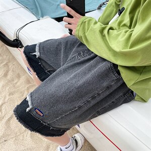 港风男女海边贴标新款轻薄五分裤撕边拼接牛仔裤A042-D815-P45图片