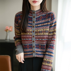 2025年秋季时尚百搭通勤简约休闲费尔岛卷边领开衫，女装针织衫/毛衣，源达羊绒