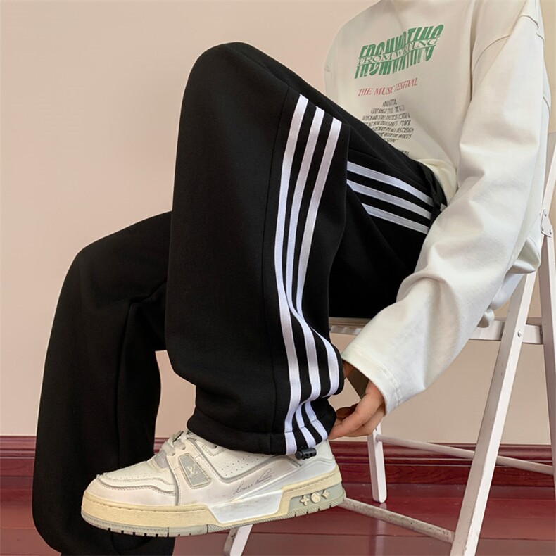 秋冬美式运动休闲卫裤男潮宽松条纹直筒长裤子YD00739/P45加绒P50，男装休闲裤，电商B316