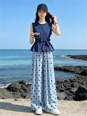 松弛感时尚洋气套装女夏季新款圆领无袖收腰上衣波点阔腿裤两件套，女装套装/套裙，江南