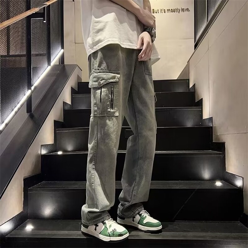 高街复古风水洗做旧多口袋工装牛仔裤男潮流直筒裤子6027P48,男装牛仔裤,星座410-2