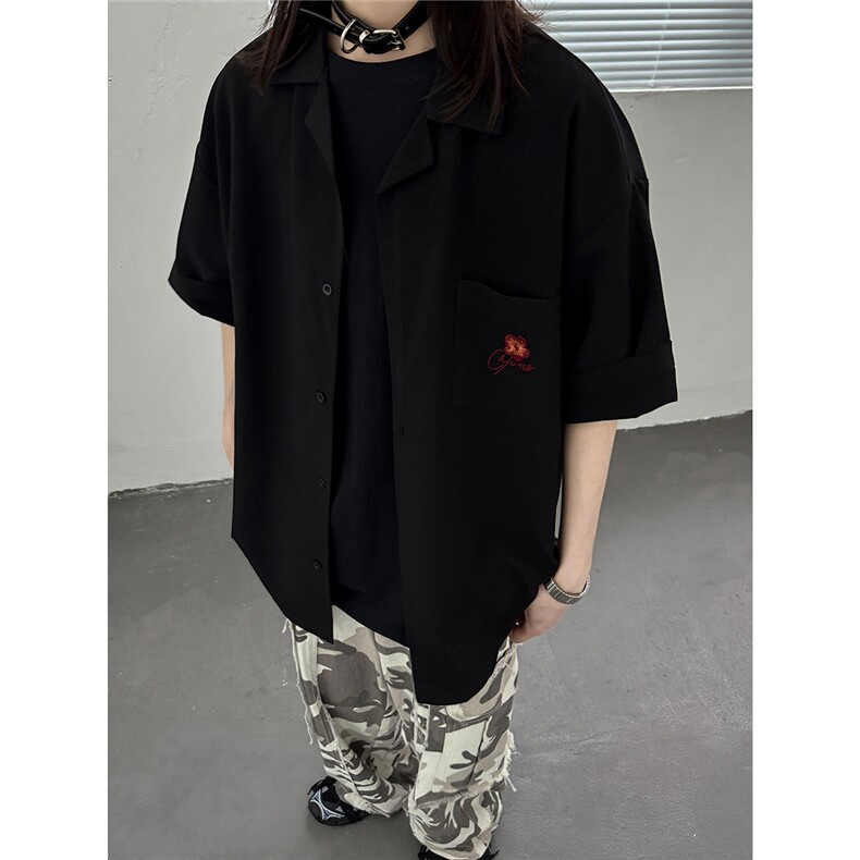 港风中性夏季新款刺绣花短袖衬衫男女装情侣冰丝半袖衬衣S313P48,男装T恤,电商A233-1