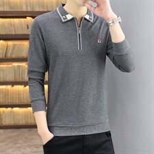 秋季韩版长袖商务polo衫男棉拉链卫衣男翻领衬衫领卡其色9662P37，男装Polo衫，星座1207