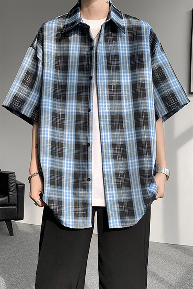 8XL-M格子短袖衬衫男夏季薄款DK制服衬衣JK学院风半袖外套DC28004,男装T恤,电商B312