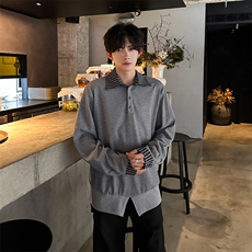 现货翻领撞色拼接百搭纯色美式潮男长袖T恤A071-3332-P55，男装T恤，电商A071