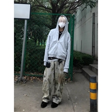 美式复古黄泥染重工脏洗阔腿牛仔裤男女无性别水洗做旧宽松弯刀裤，男装牛仔裤，星座506A