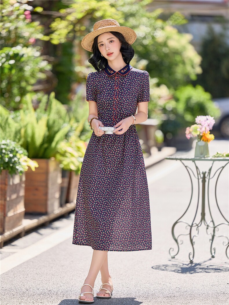 田园风碎花刺绣连衣裙女春夏收腰显瘦中长裙（细节图颜色为准）,女装连衣裙,水衣源