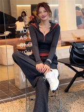 韩系运动休闲套装女春季新款高级感连帽撞色拼接上衣阔腿裤两件套，女装套装/套裙，江南