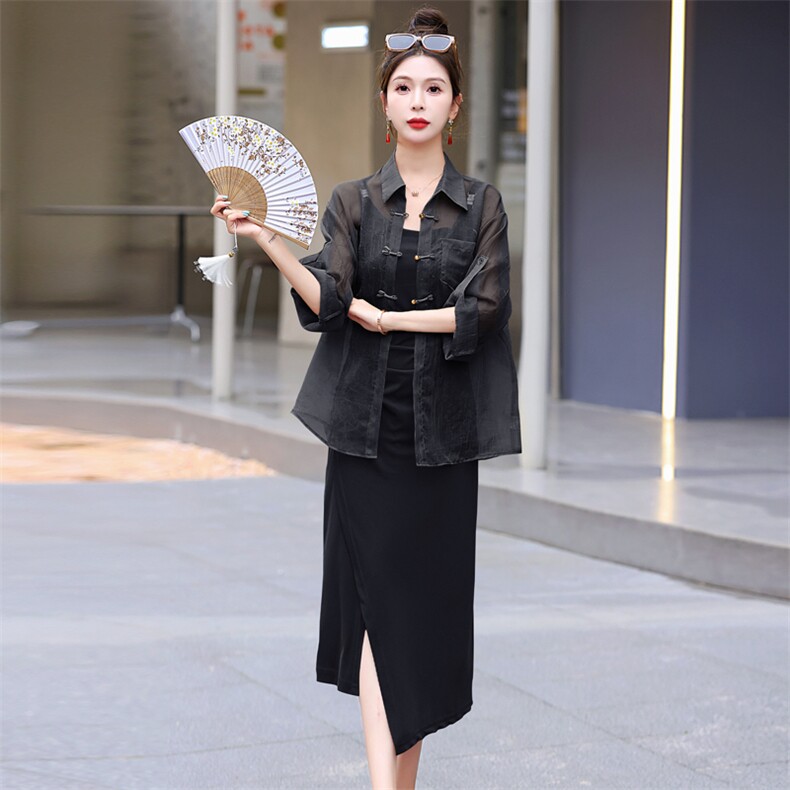 开衫吊带连衣裙套装女夏2025新款新中式国风防晒衬衫吊带裙两件套,女装套装/套裙,意芙