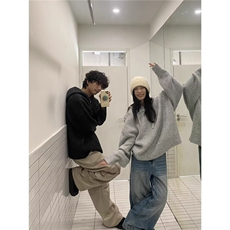 高级灰连帽针织毛衣衫男女秋冬古着复古宽松外套V17P55网图，男装针织衫/毛衣，电商B245