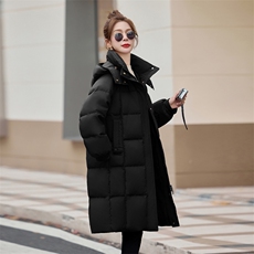 咖色连帽加厚鹅绒羽绒服女2024冬季新款宽松时尚长款过膝保暖外套，女装羽绒服，牡丹诺