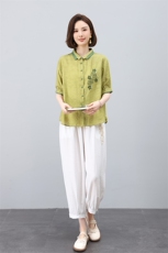高端时尚刺绣翻领短袖苎麻套装女2025夏季新款休闲洋气妈妈两件套，女装套装/套裙，凝聚力