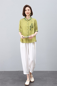 高端时尚刺绣翻领短袖苎麻套装女2025夏季新款休闲洋气妈妈两件套图片