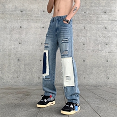 B221美式ins高街小众个性乞丐裤直筒破洞牛仔裤LK23099-P65控88，男装牛仔裤，电商B221