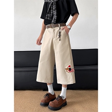 特批P35无差价2025夏季美式复古刺绣腊肠狗直筒七分休闲裤男K5695，男装休闲裤，电商A001