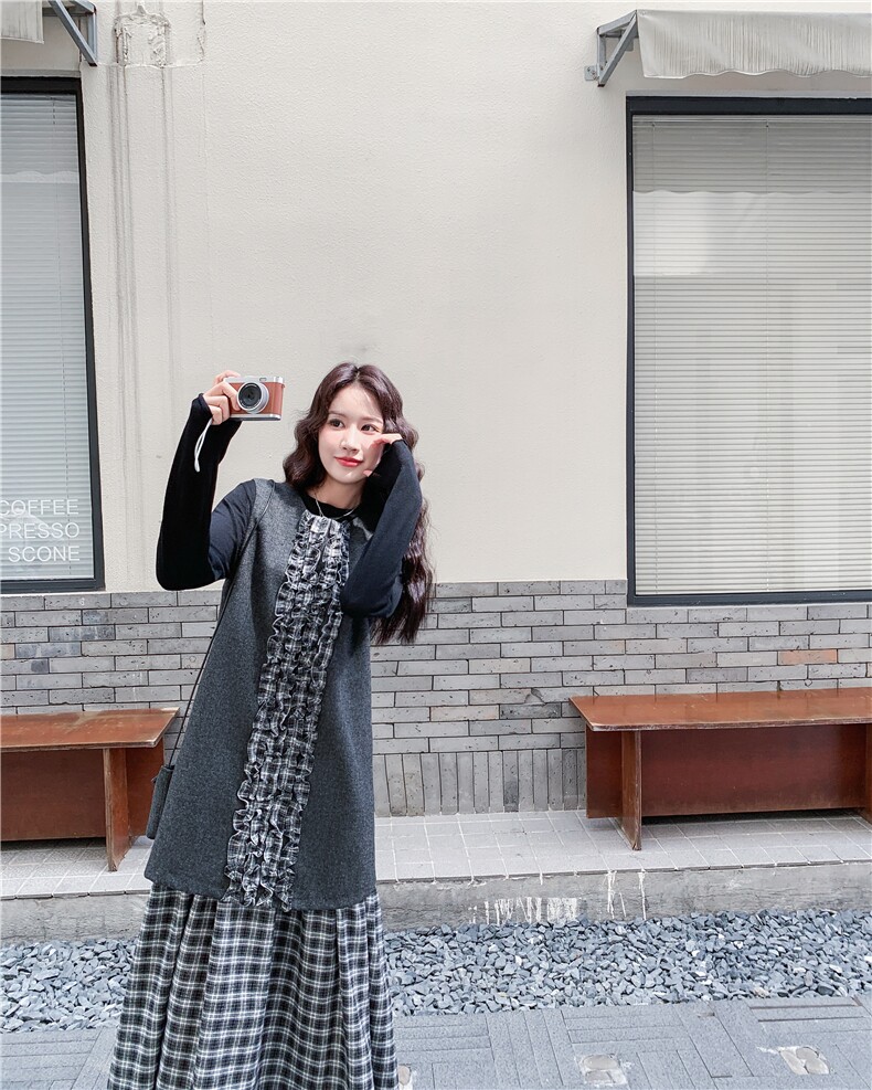 格纹拼接木耳边背心裙打底衫套装女2025秋季新款松弛感休闲两件套,女装连衣裙,2D034