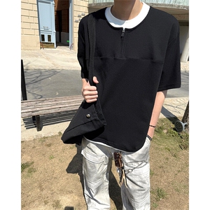 韩系慵懒高级感假两件极简拼接撞色短袖上衣T恤夏季短袖上衣 P42图片