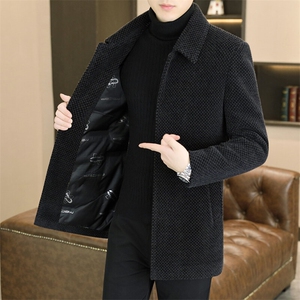秋冬新款高品质毛呢大衣中长款鹅绒内胆外羽绒服男D228P220,黑色休闲上衣怎么搭配裤子图片