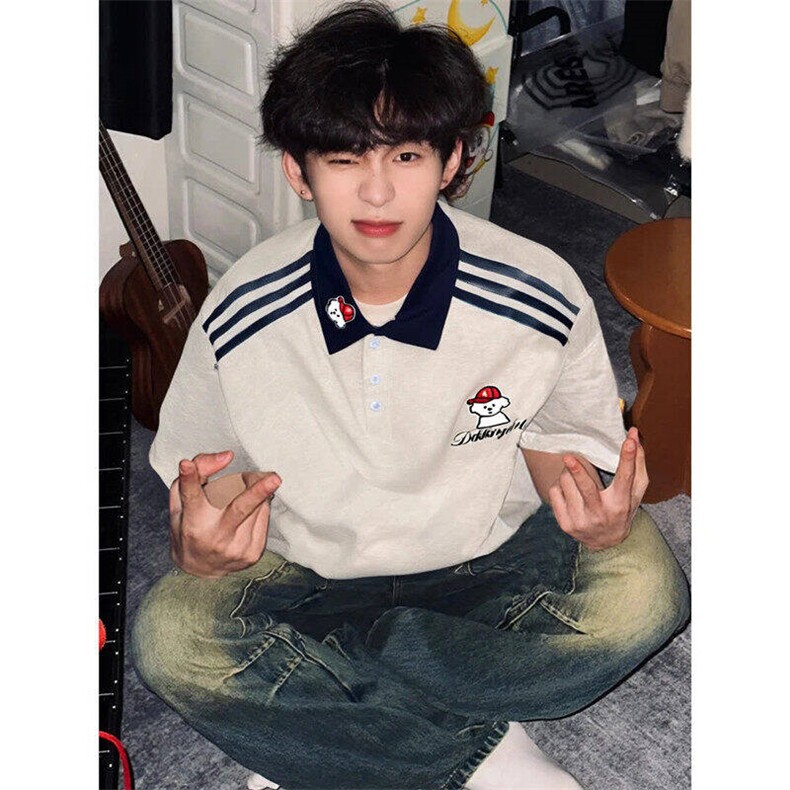 三条杠美式复古情侣条纹polo衫短袖男夏季DX513-P32，男装Polo衫，星座1007（原301D）