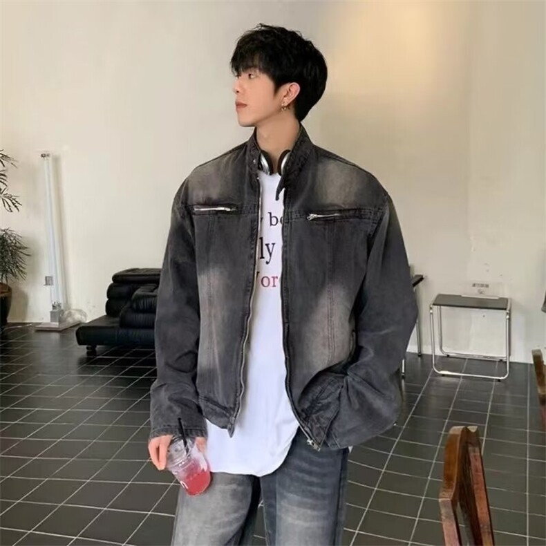 春秋水洗重磅拉链黑灰牛仔夹克男士痞帅高级感底特律工装美式外套，男装工装外套，星座1210-1