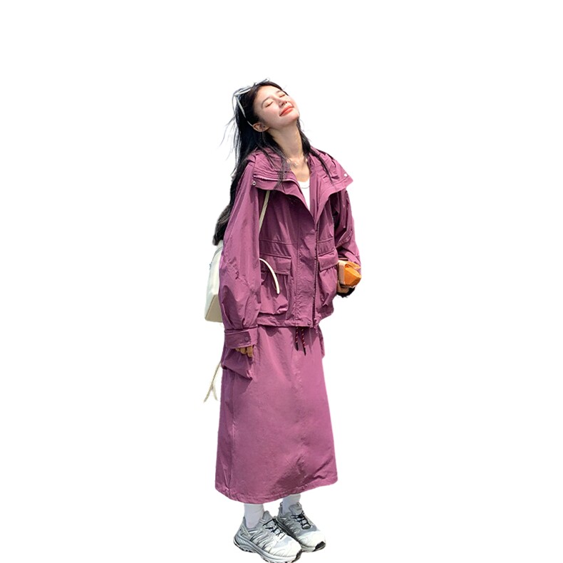 紫色连帽工装风外套半身裙套装女春秋新款韩系休闲小个子两件套潮,女装套装/套裙,2C007