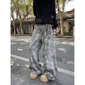 美式星星满印工装牛仔裤男高街阔腿裤1001-1-AF818-P65图片
