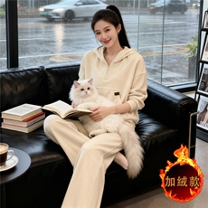时尚运动风加绒套装女秋冬高级感加厚连帽卫衣高腰阔腿长裤两件套，女装套装/套裙，江南