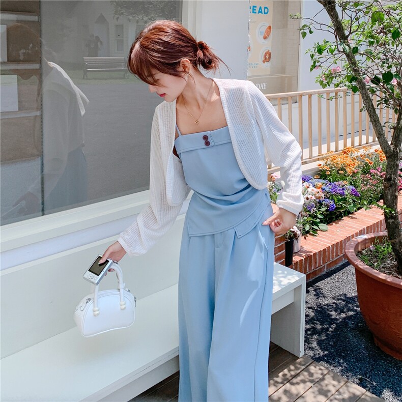 【夏装】吊带上衣+高腰直筒阔腿裤+防晒开衫A240-P175-K260,女装套装/套裙,2D148