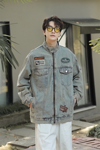 潮牌机车风绣标牛仔外套男美式复古做旧翻领棒球服NZ1721-P75图片