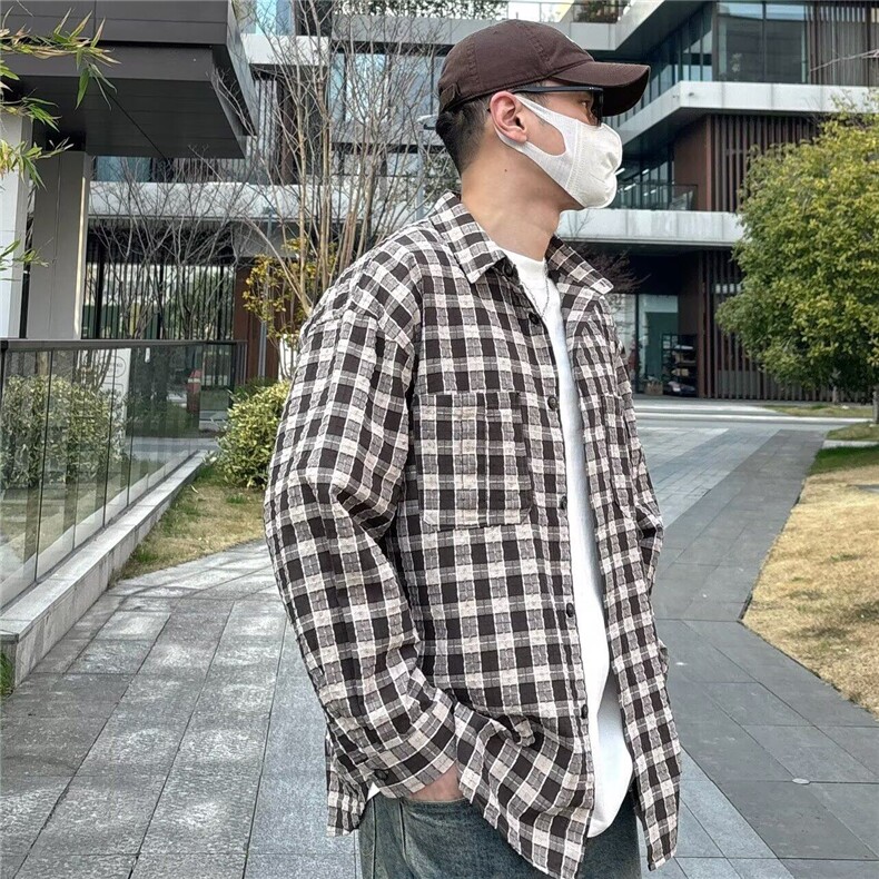 W9738-P48网图现货新款雅痞风衬衫外套宽松叠穿格子衬衣开衫,男装衬衫,星座1608-2