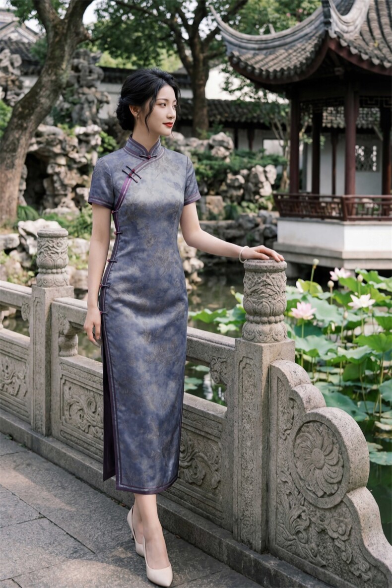 夏季新品时尚气质金丝提花弹力香云纱品质真丝喜庆中长款旗袍裙,女装汉服/婚纱/旗袍/礼服,媚琳依坊