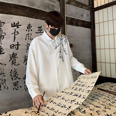 新中式风盘扣刺绣长袖衬衫男装唐装道袍衬衣外套春CA66，男装衬衫，星座1116A-1（原606A）