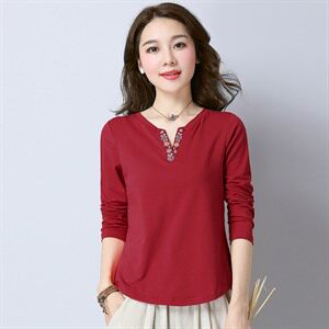 小V领印花长袖套头时尚显瘦淑女2022年春秋季T恤棉，女装T恤，依倍林
