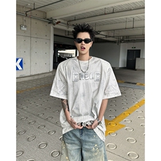 25手绘刷色银色手绘男士印花垫肩T恤DX202-P68，男装T恤，电商B288