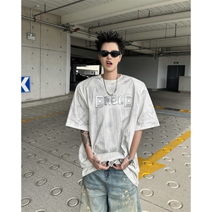 25手绘刷色银色手绘男士印花垫肩T恤DX202-P68图片