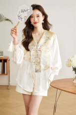 新中式国风衬衫短外套女春夏季2025年新款高级感刺绣盘扣薄款上衣，女装衬衫，采品优优