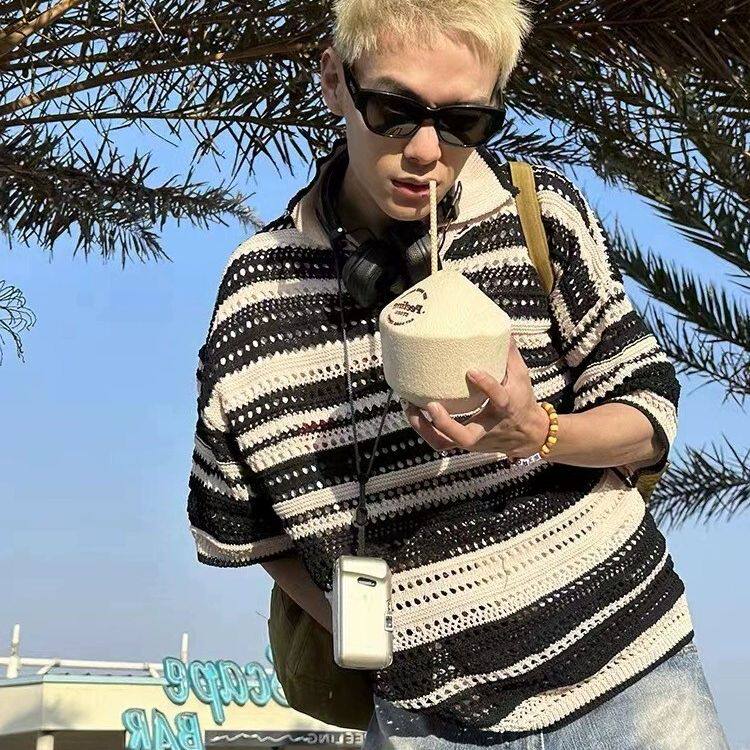 日系复古镂空针织条纹翻领POLO衫短袖夏季小众设计感情侣男女T恤，男装针织衫/毛衣，星座1210-1