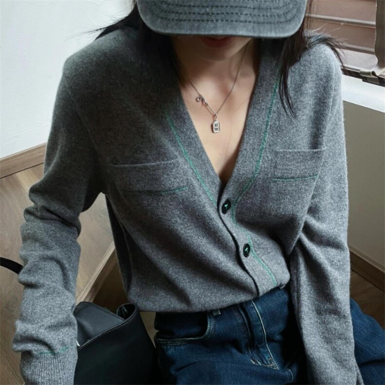 色包边V领纯色针织衫女秋冬季厚款宽松显瘦开衫长袖，女装针织衫/毛衣，胜智羊绒