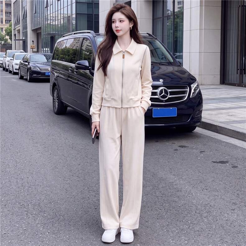 韩系女春秋新款套装时尚洋气休闲减龄翻领开衫外套阔腿长裤两件套,女装套装/套裙,江南