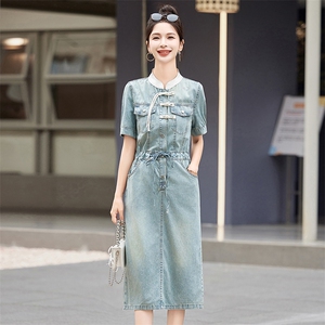 2025夏季新款薄款短袖新中式国风盘扣牛仔连衣裙女中长款立领裙子图片