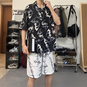 衬衫套装男夏季休闲印花泼墨撞色翻领短袖短裤两件套TZ103-P43图片