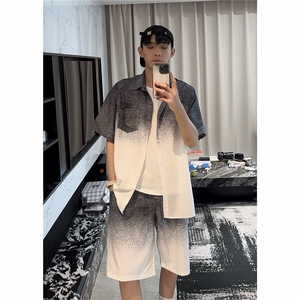 夏季冰丝速干渐变色套装男美式潮流短袖扎染衬衫 P35图片