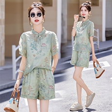 新中式欧根纱刺绣套装女2024夏季新款名媛气质盘扣上衣短裤两件套，女装套装/套裙，伊仟回
