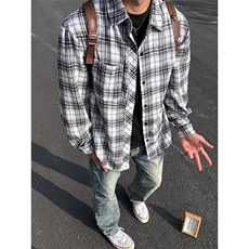 撞色格子长袖衬衫男女情侣春秋季美式复古痞帅休闲宽松衬衣外套潮，男装衬衫，星座506A