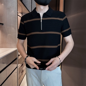 2025夏季短袖针织冰丝条纹短袖翻领Polo衫F6182-P55图片