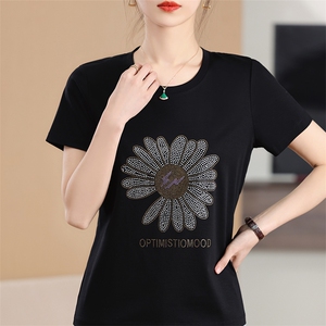 烫钻太阳花艺术时尚舒适显瘦棉T高端丝光棉短袖夏季凉感百搭上衣图片
