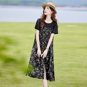 复古印花拼接连衣裙女2025夏新款时尚显瘦宽松休闲慵懒风T恤裙子图片