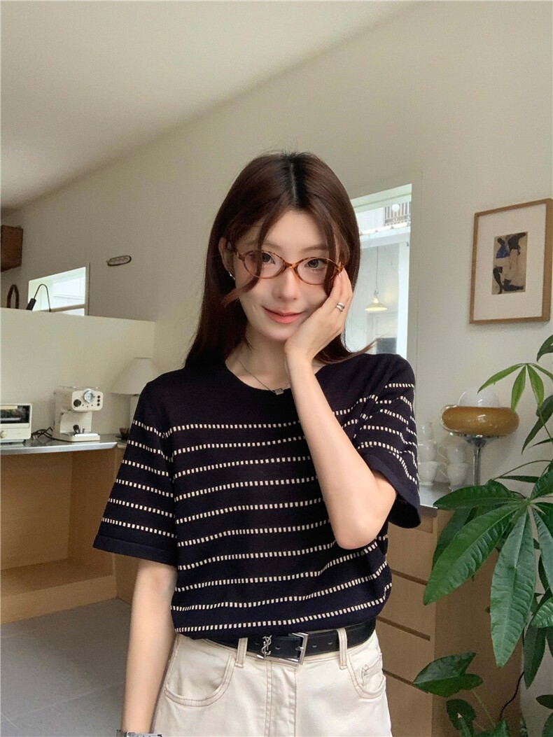 夏季新款简约条纹短袖针织衫女宽松休闲百搭上衣,针织衫/毛衣,伟祺羊绒