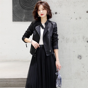 2023新款欧货高级款春秋皮衣外套女士短款高腰咖色机车pu皮夹克图片