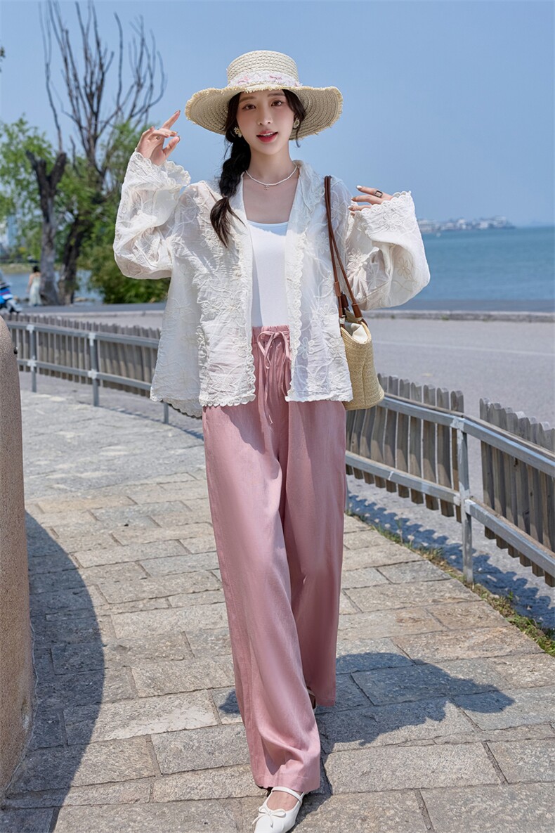 2025年夏季新款时尚蕾丝连帽上衣休闲韩版棉麻裤,女装套装/套裙,1C080